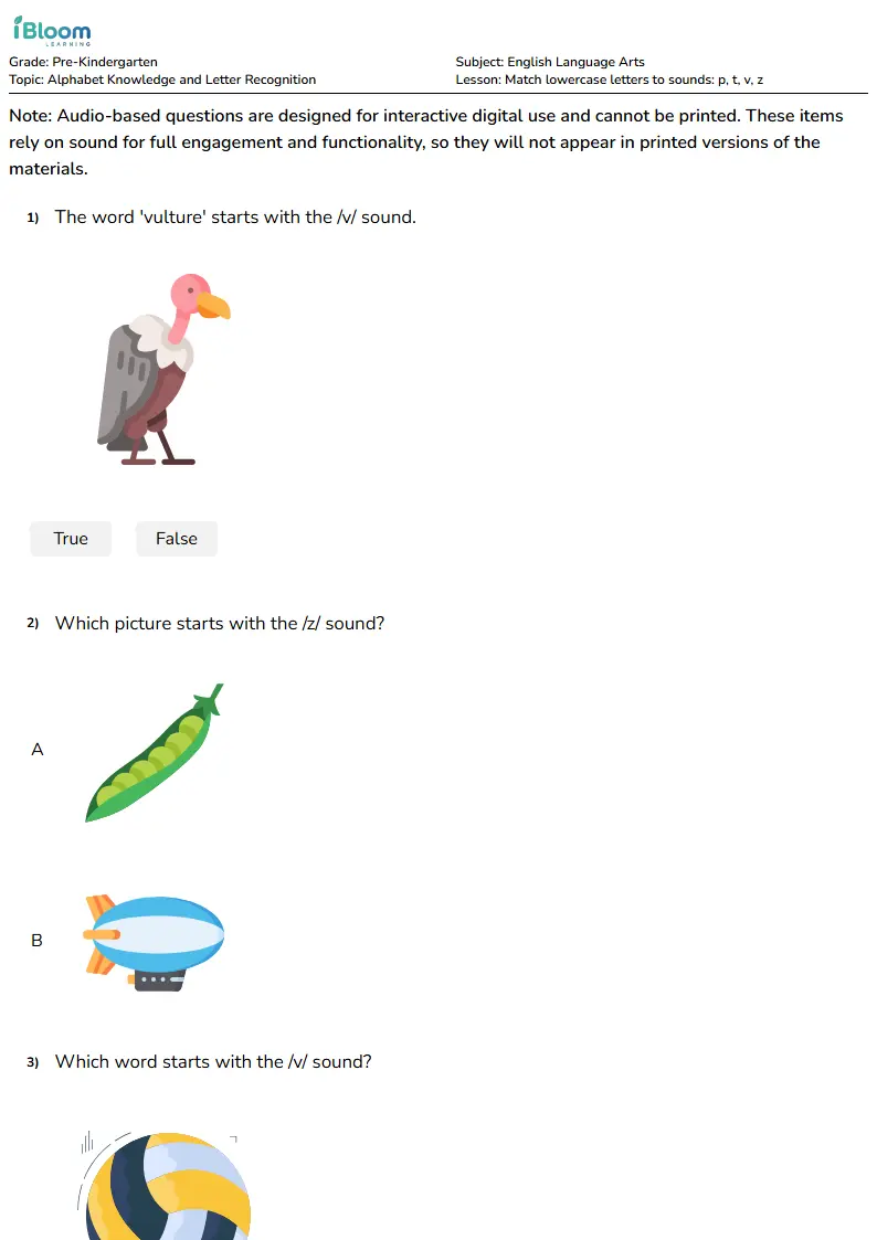 Free Match lowercase letters to sounds: p, t, v, z Worksheets for Pre Kindergarten | iBloom