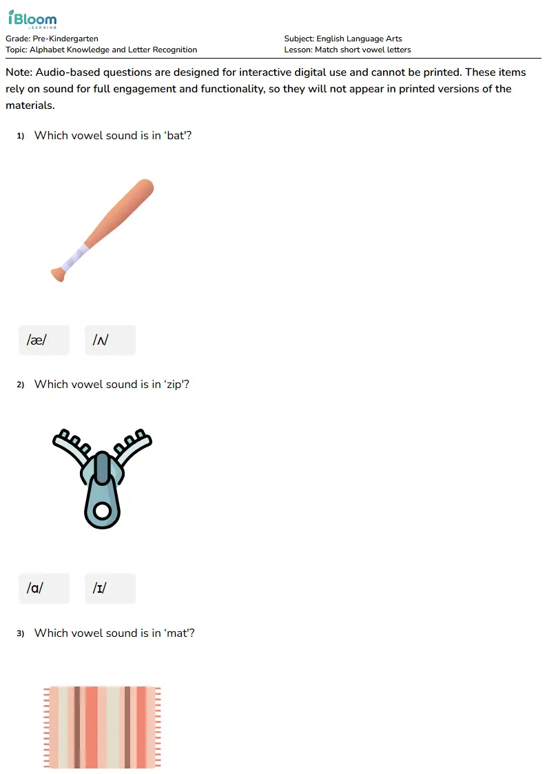 Free Match short vowel letters Worksheets for Pre Kindergarten | iBloom