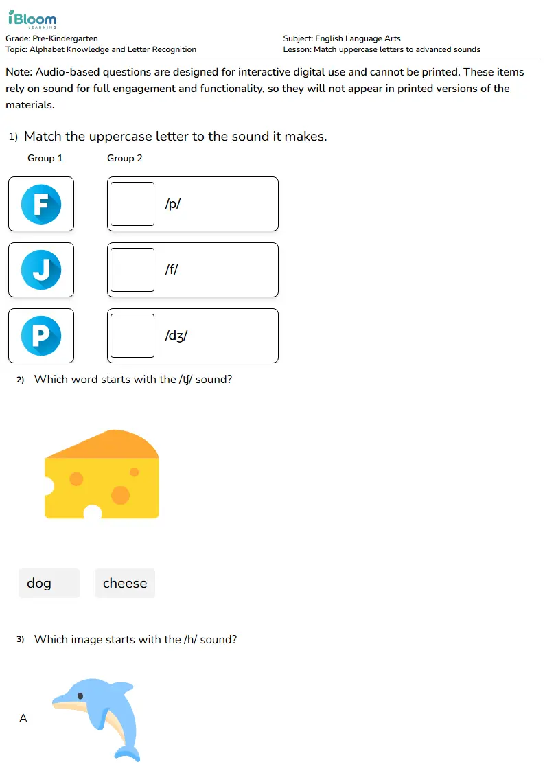 Free Match uppercase letters to advanced sounds Worksheets for Pre Kindergarten | iBloom