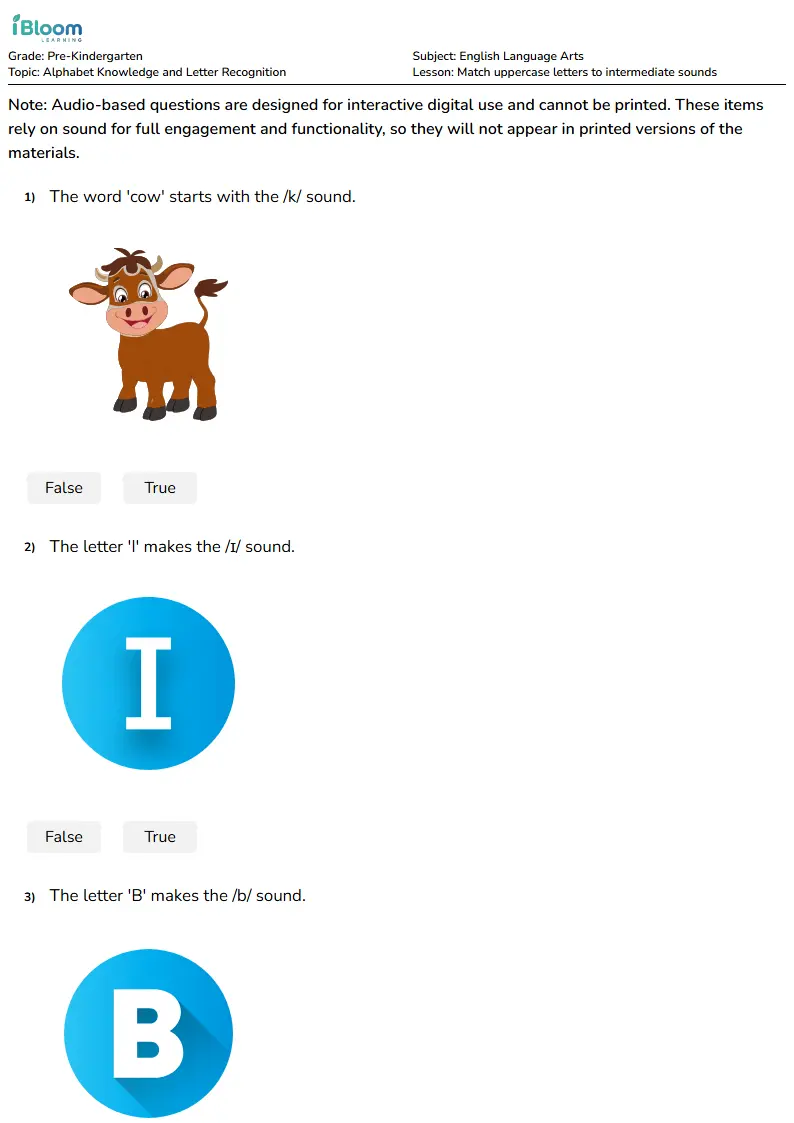 Free Match uppercase letters to intermediate sounds Worksheets for Pre Kindergarten | iBloom