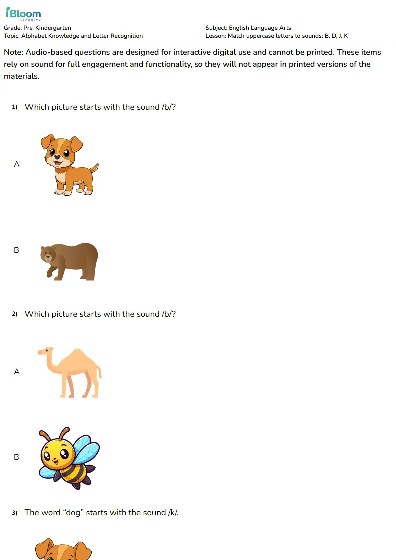 Free Match uppercase letters to sounds: B, D, J, K Worksheets for Pre Kindergarten | iBloom