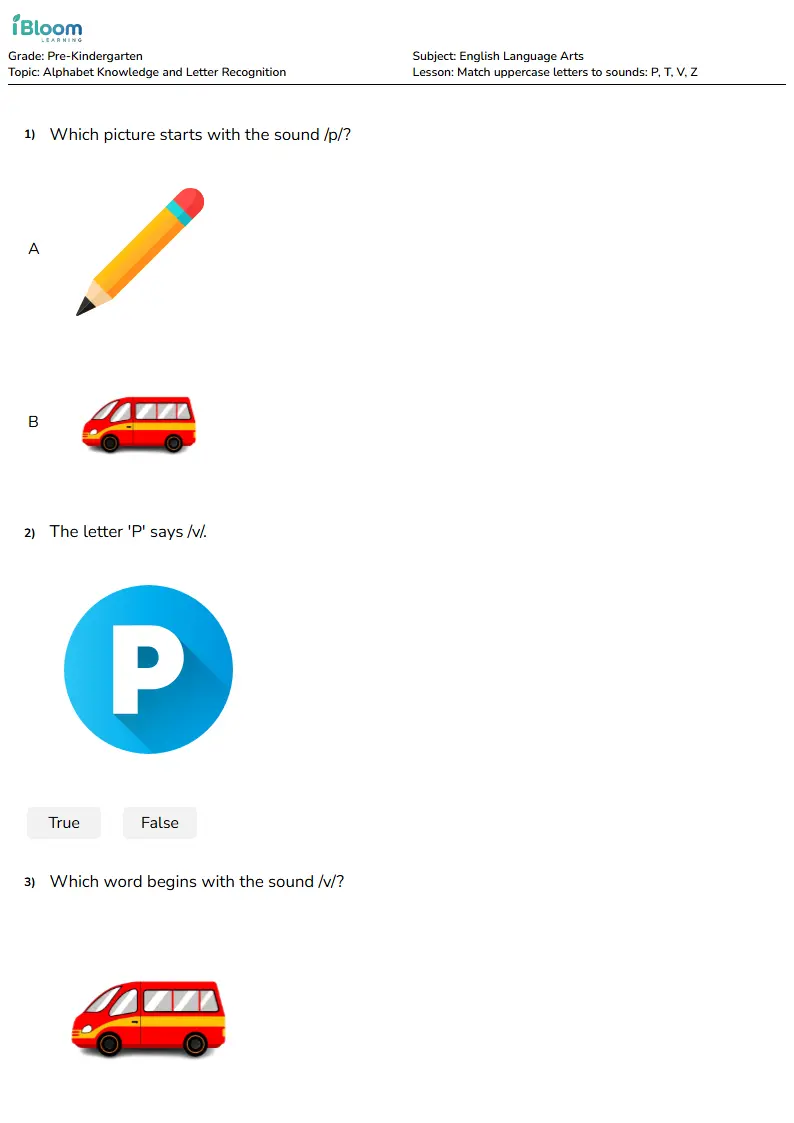 Free Match uppercase letters to sounds: P, T, V, Z Worksheets for Pre Kindergarten | iBloom