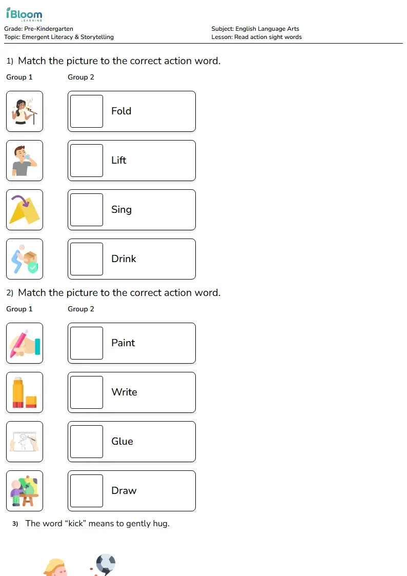 Free Read action sight words Worksheets for Pre Kindergarten | iBloom
