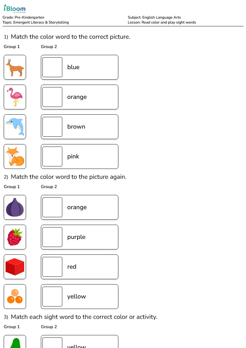 Free Read color and play sight words Worksheets for Pre Kindergarten | iBloom