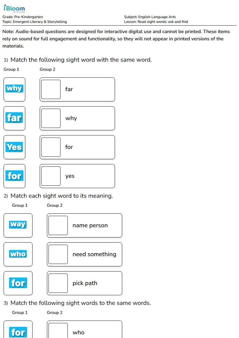 Free Read sight words: ask and find Worksheets for Pre Kindergarten | iBloom