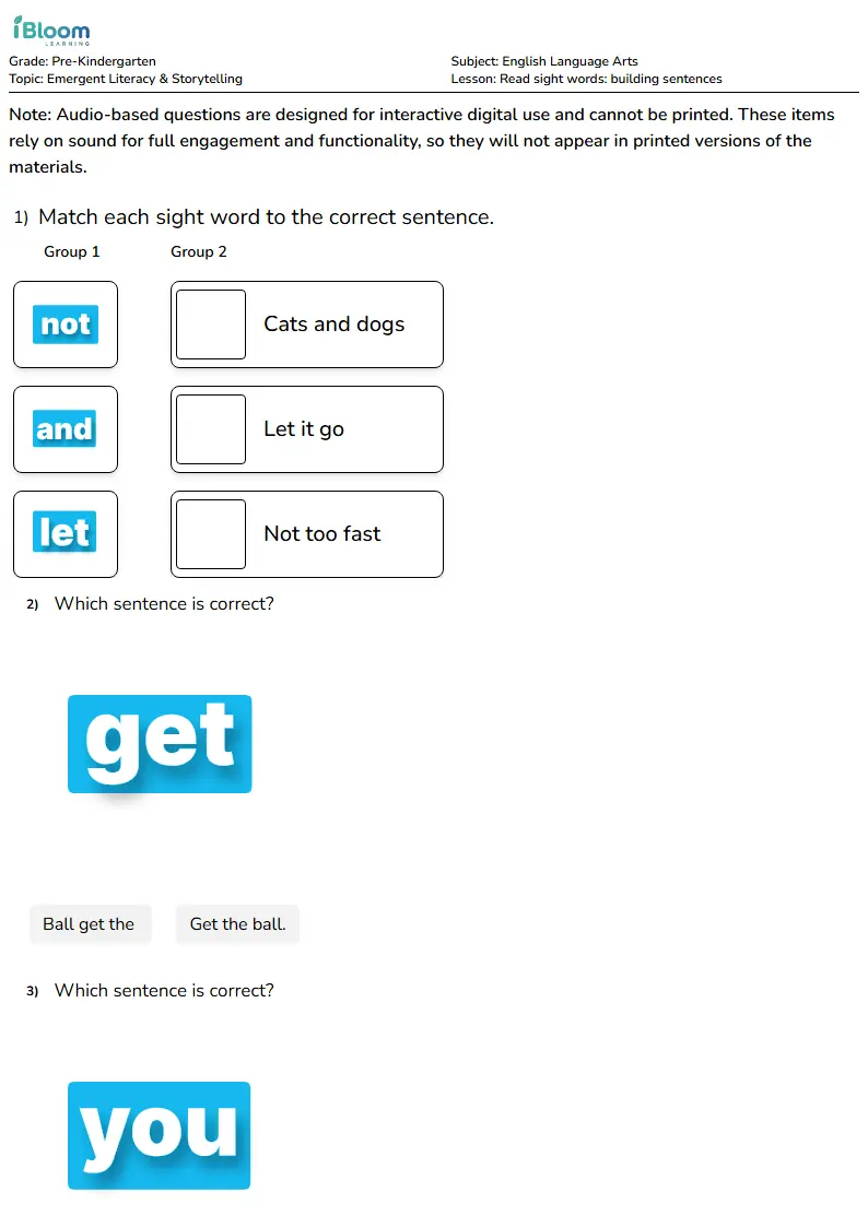 Free Read sight words: building sentences Worksheets for Pre Kindergarten | iBloom