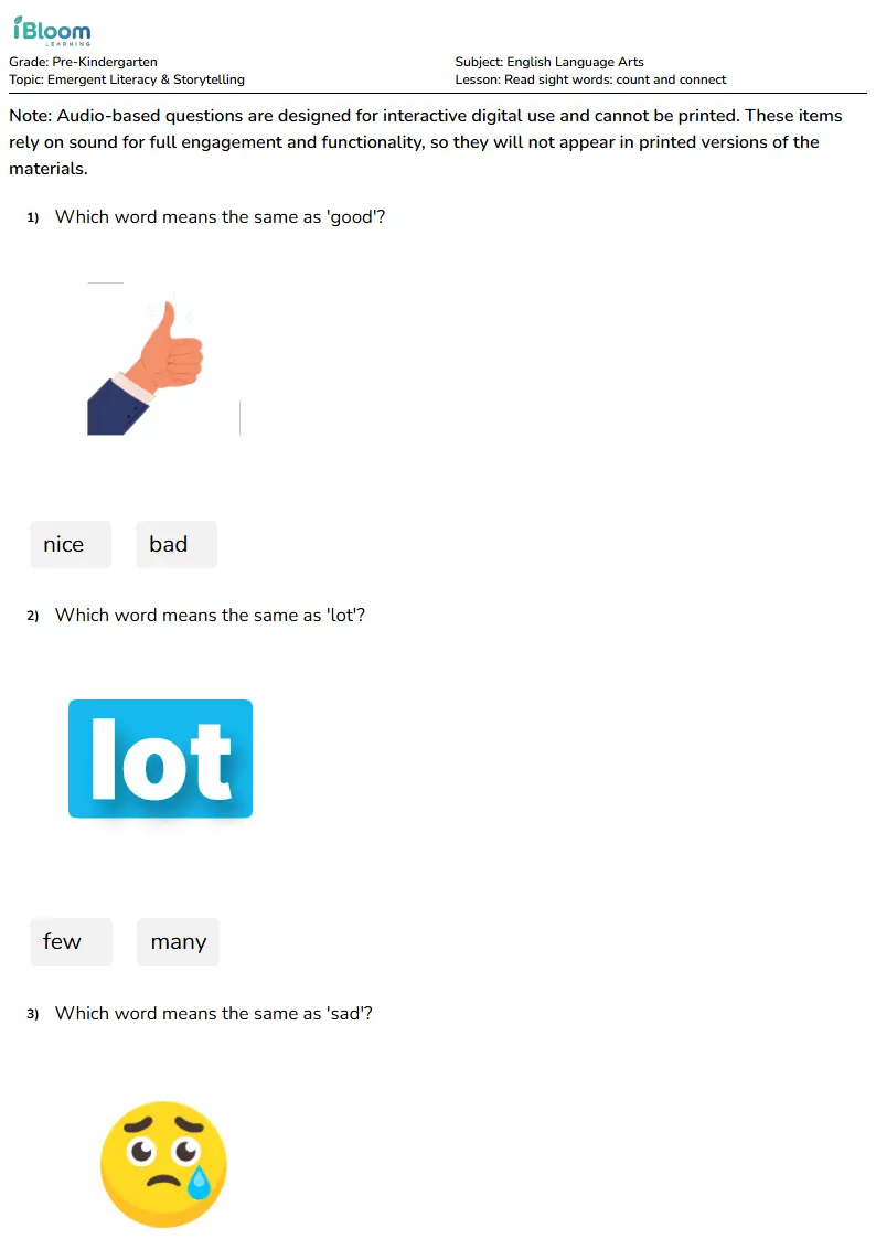 Free Read sight words: count and connect Worksheets for Pre Kindergarten | iBloom