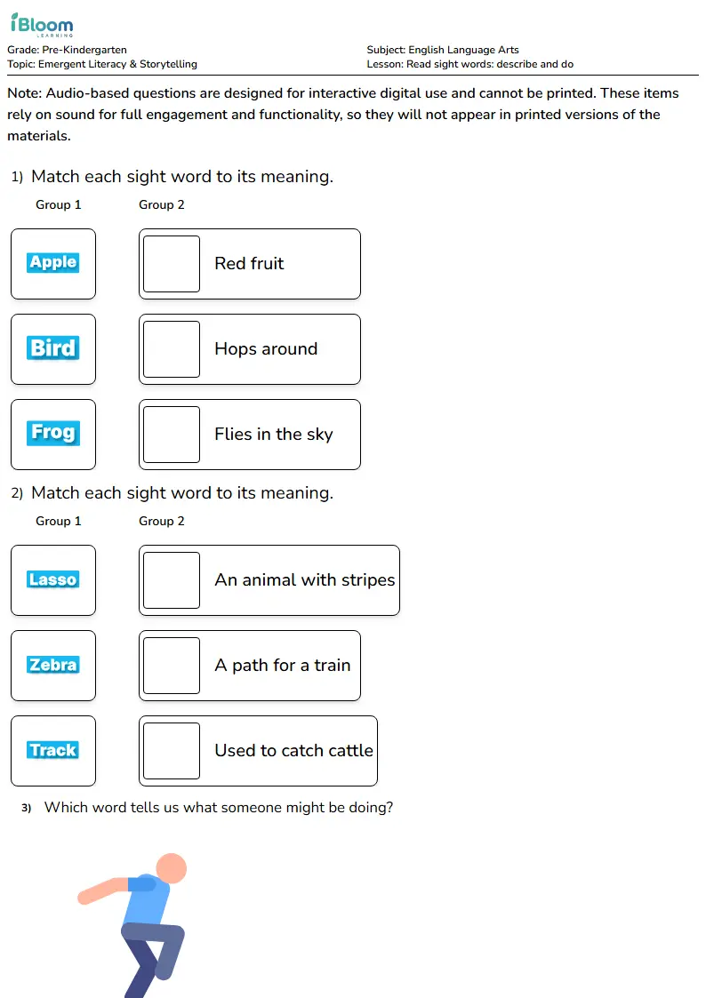 Free Read sight words: describe and do Worksheets for Pre Kindergarten | iBloom