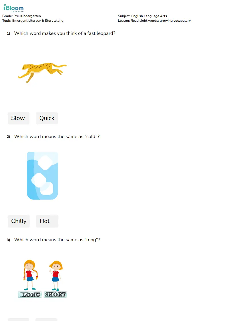 Free Read sight words: growing vocabulary Worksheets for Pre Kindergarten | iBloom