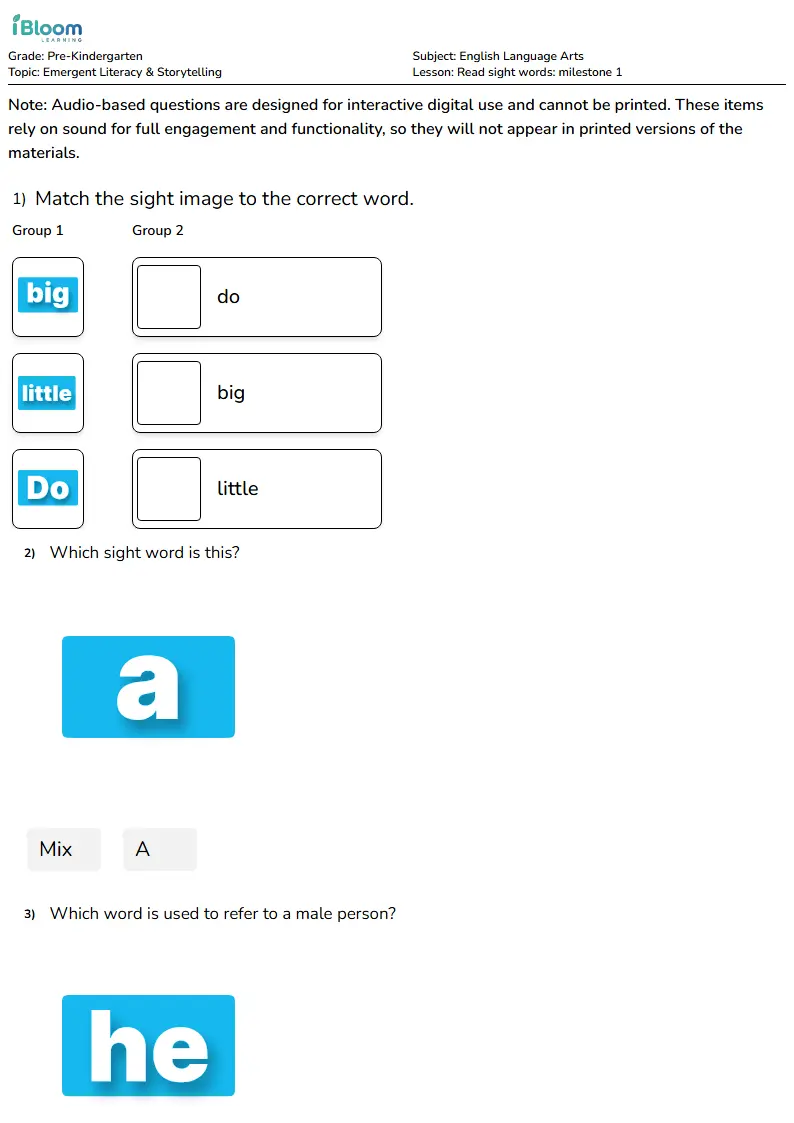 Free Read sight words: milestone 1 Worksheets for Pre Kindergarten | iBloom