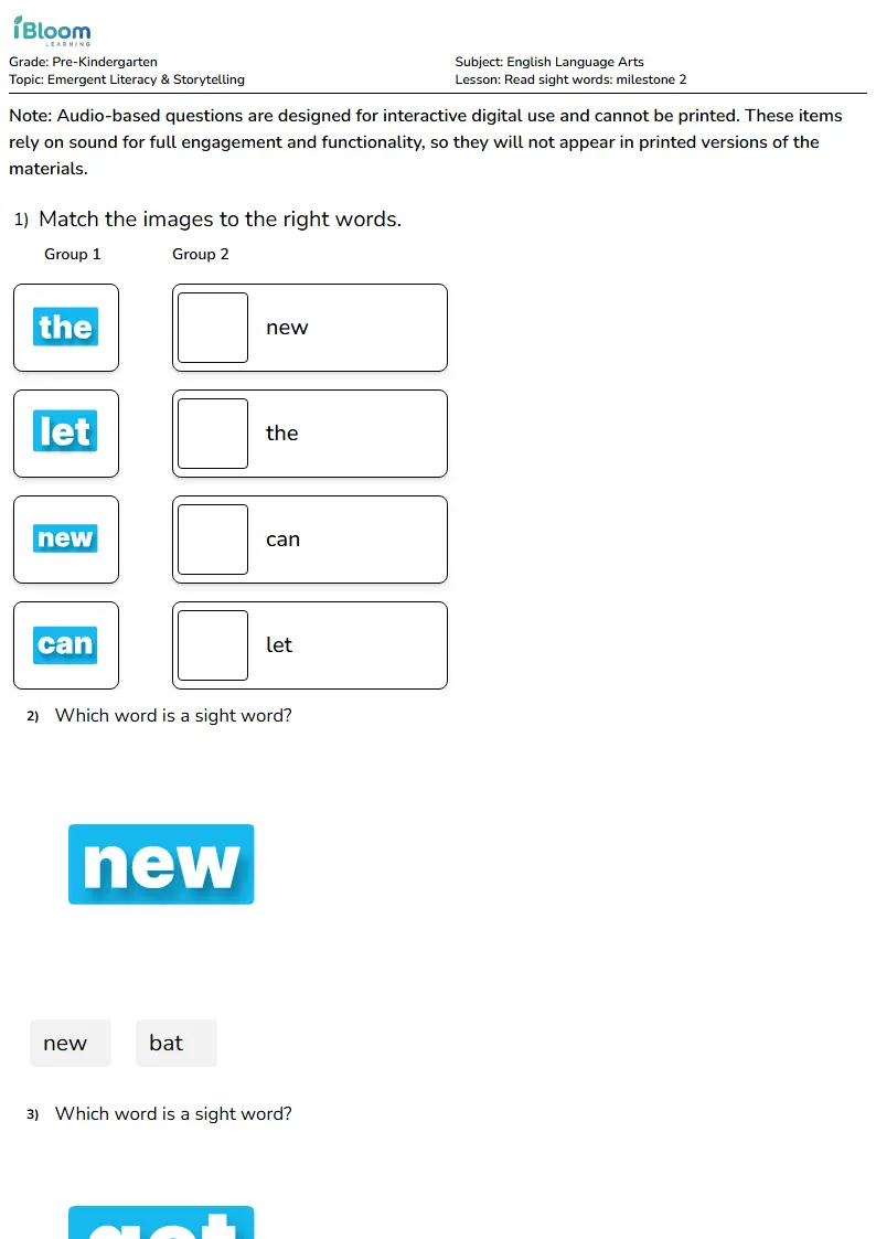 Free Read sight words: milestone 2 Worksheets for Pre Kindergarten | iBloom