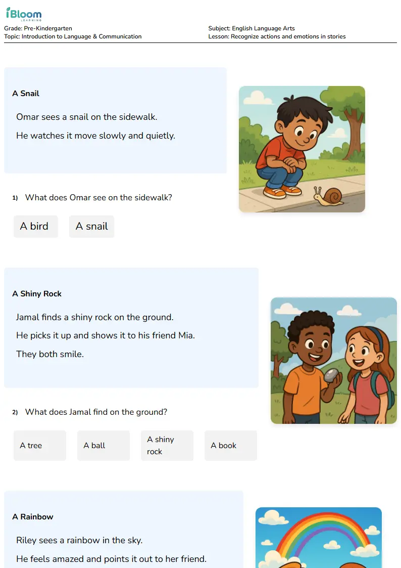 Free Recognize actions and emotions in stories Worksheets for Pre Kindergarten | iBloom