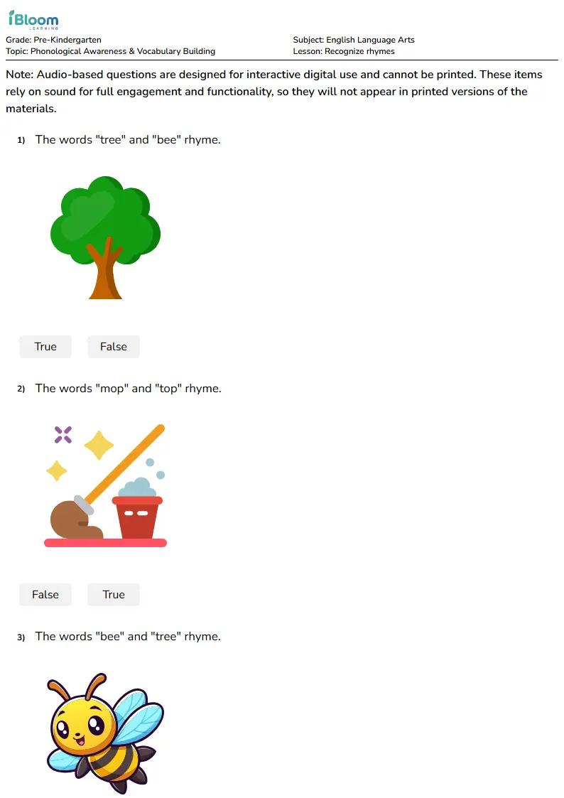Free Recognize rhymes Worksheets for Pre Kindergarten | iBloom