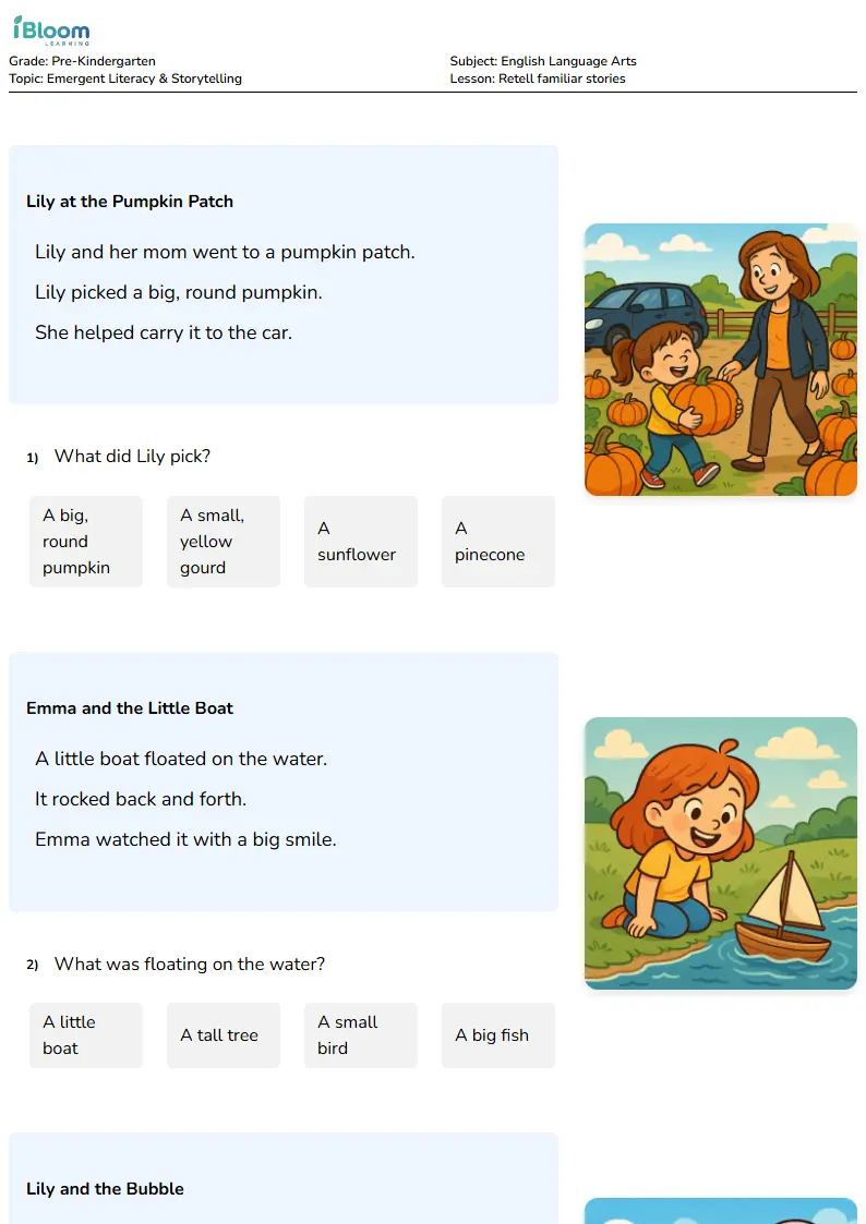 Free Retell familiar stories Worksheets for Pre Kindergarten | iBloom