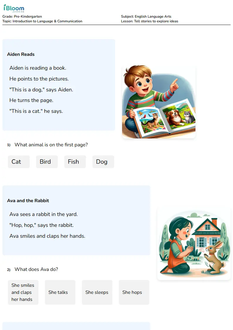 Free Tell stories to explore ideas Worksheets for Pre Kindergarten | iBloom