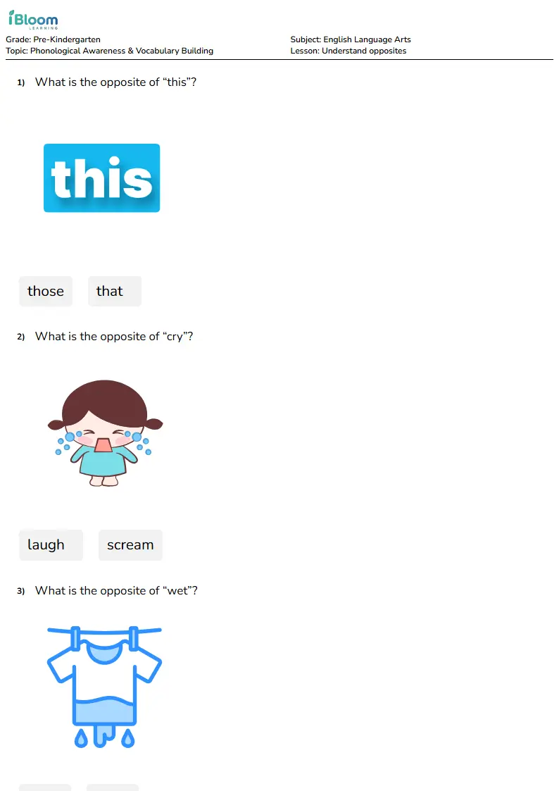 Free Understand opposites Worksheets for Pre Kindergarten | iBloom
