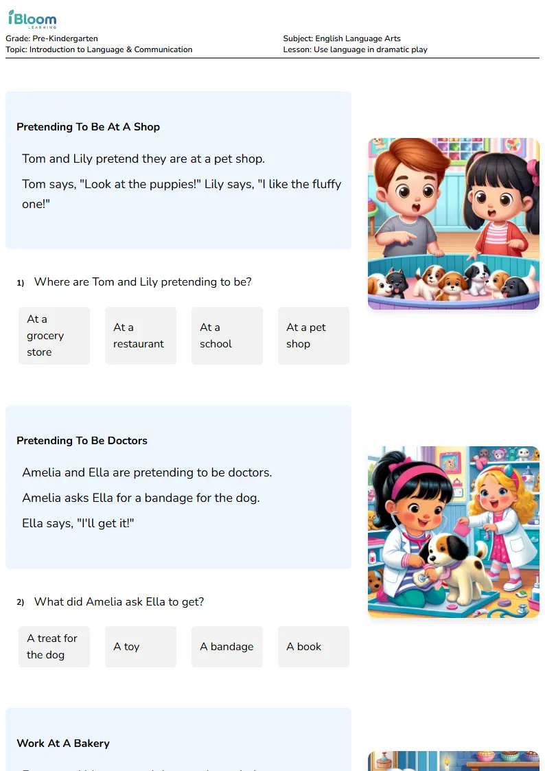 Free Use language in dramatic play Worksheets for Pre Kindergarten | iBloom