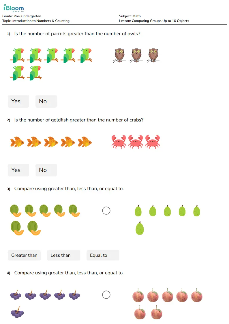 Free Comparing Groups Up to 10 Objects Worksheets for Pre Kindergarten