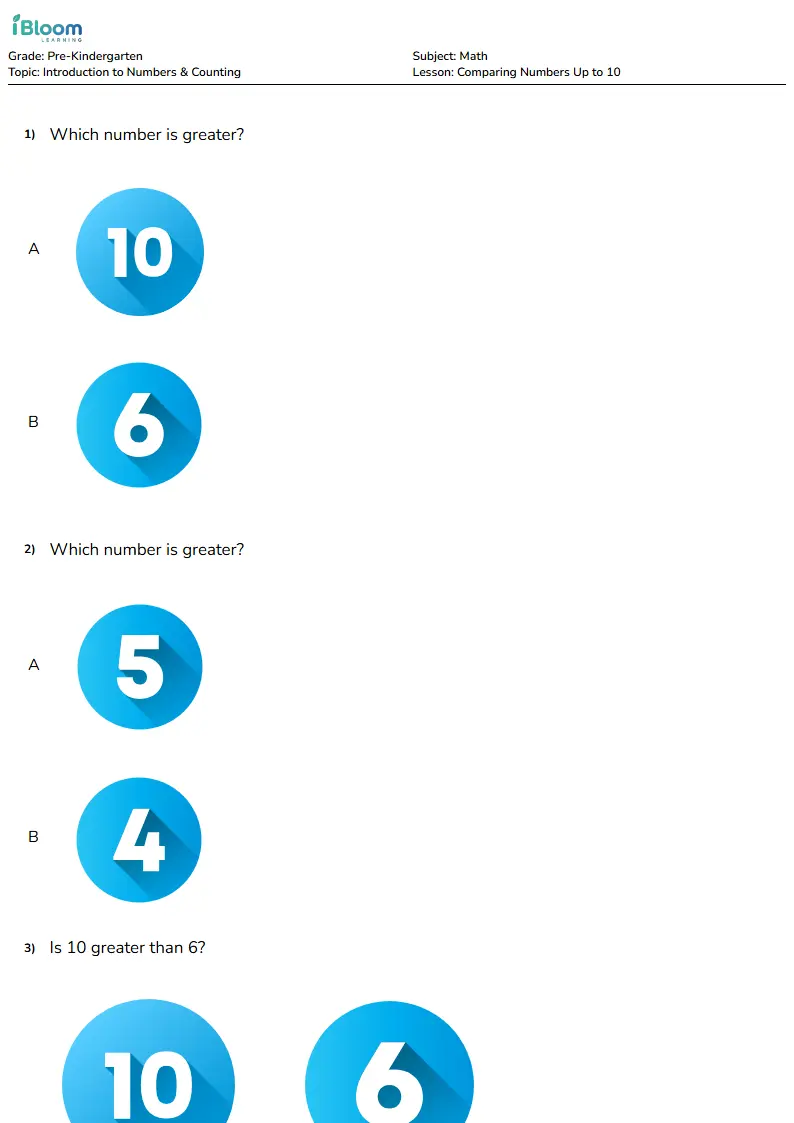 Free Comparing Numbers Up to 10 Worksheets for Pre Kindergarten