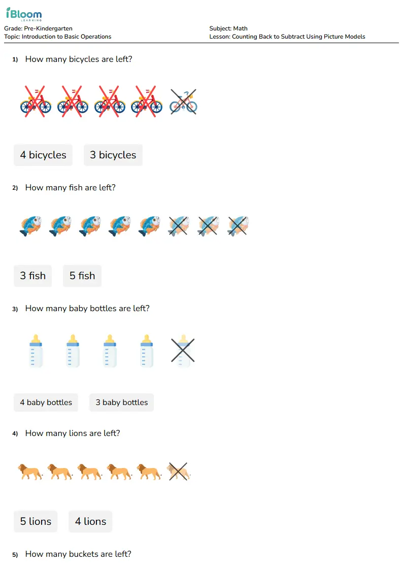 Free Counting Back to Subtract Using Picture Models Worksheets for Pre Kindergarten