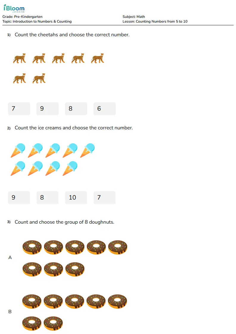 Free Counting Numbers from 5 to 10 Worksheets for Pre Kindergarten