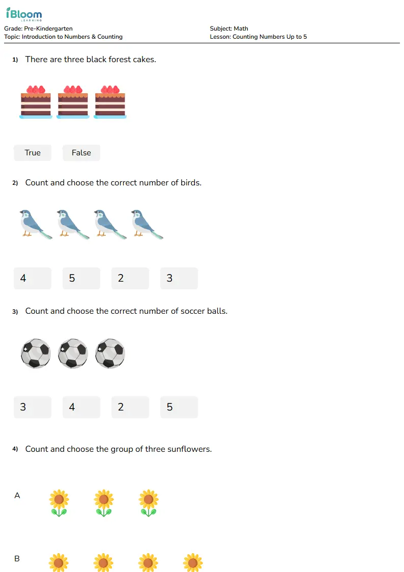 Preview image for Counting Numbers Up to 5 Worksheets for Pre Kindergarten