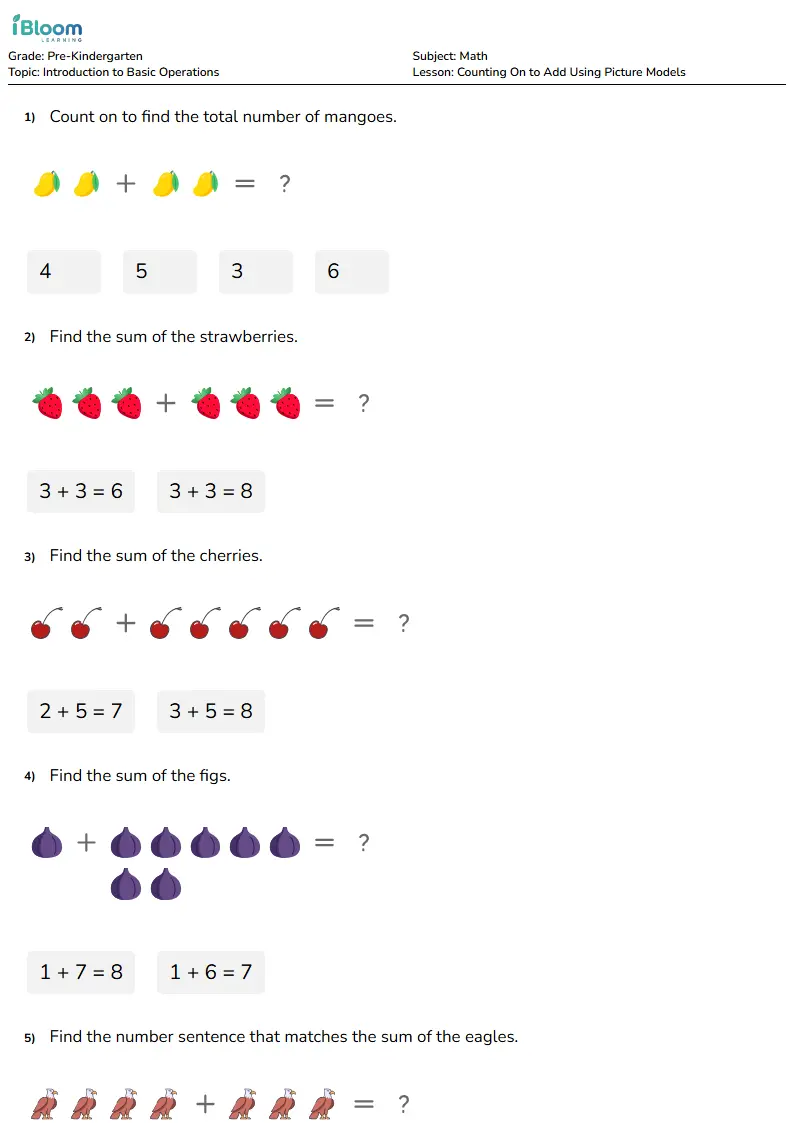 Free Counting On to Add Using Picture Models Worksheets for Pre Kindergarten