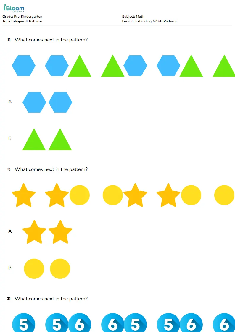 Free Extending AABB Patterns Worksheets for Pre Kindergarten