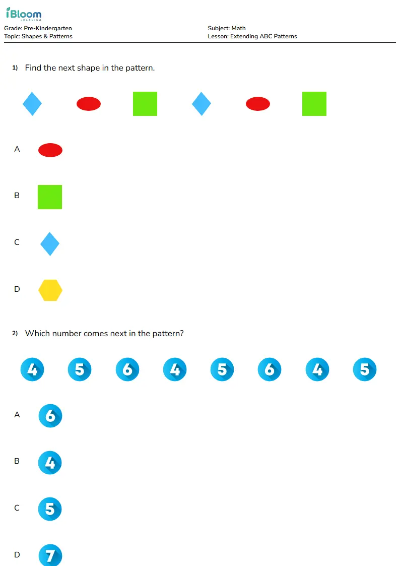 Free Extending ABC Patterns Worksheets for Pre Kindergarten