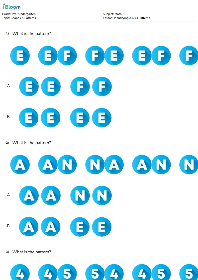 Free Identifying AABB Patterns Worksheets for Pre Kindergarten