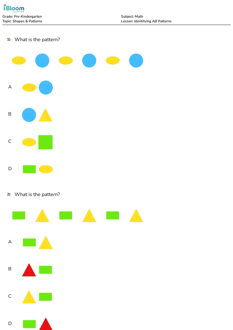 Free Identifying AB Patterns Worksheets for Pre Kindergarten