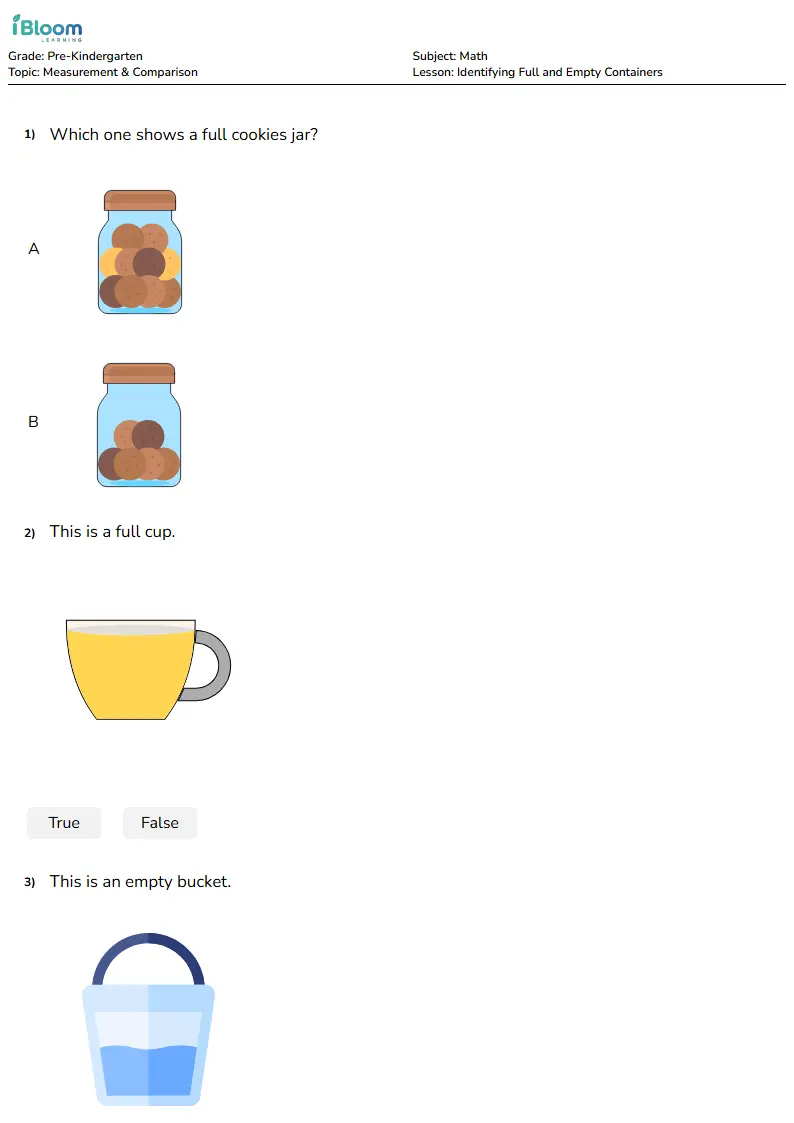 Free Identifying Full and Empty Containers Worksheets for Pre Kindergarten