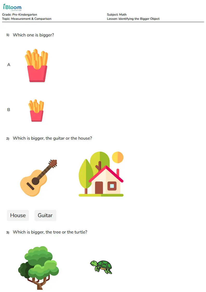 Free Identifying the Bigger Object Worksheets for Pre Kindergarten