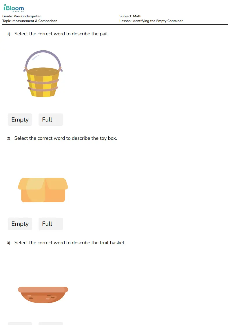 Words Container Empty Free Identifying the Empty Container Worksheets for Pre Kindergarten ...