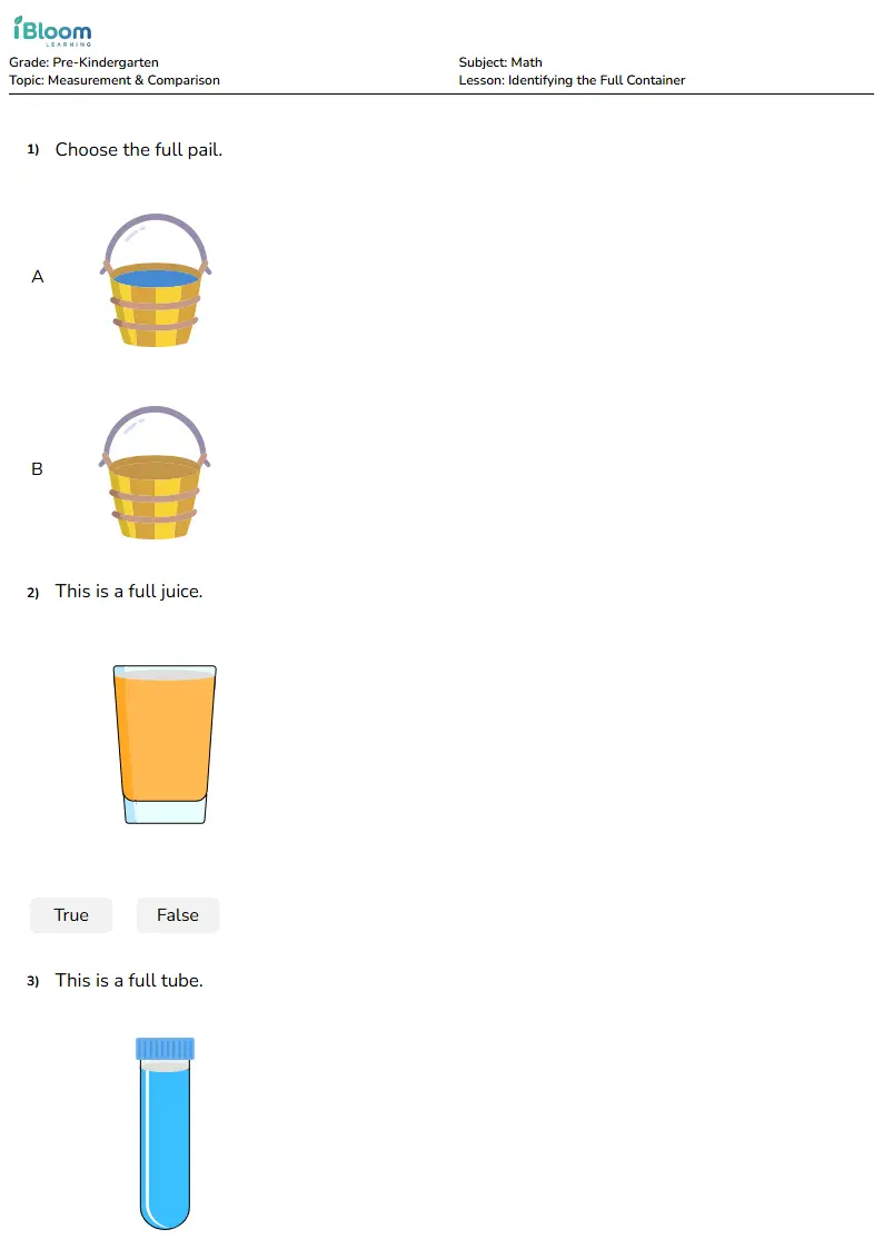 Free Identifying the Full Container Worksheets for Pre Kindergarten