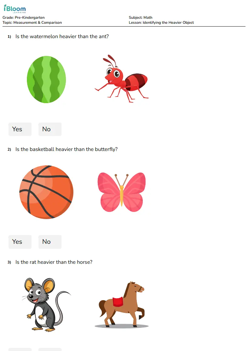 Free Identifying the Heavier Object Worksheets for Pre Kindergarten