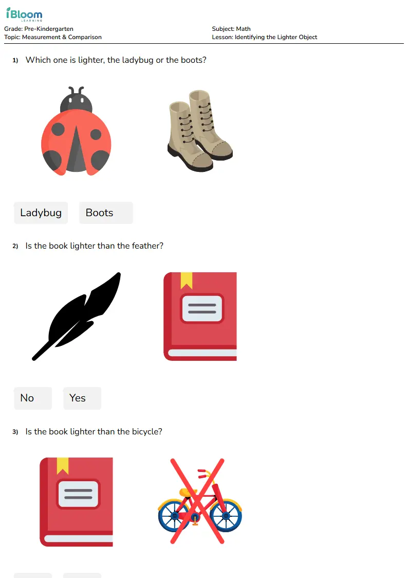 Free Identifying the Lighter Object Worksheets for Pre Kindergarten
