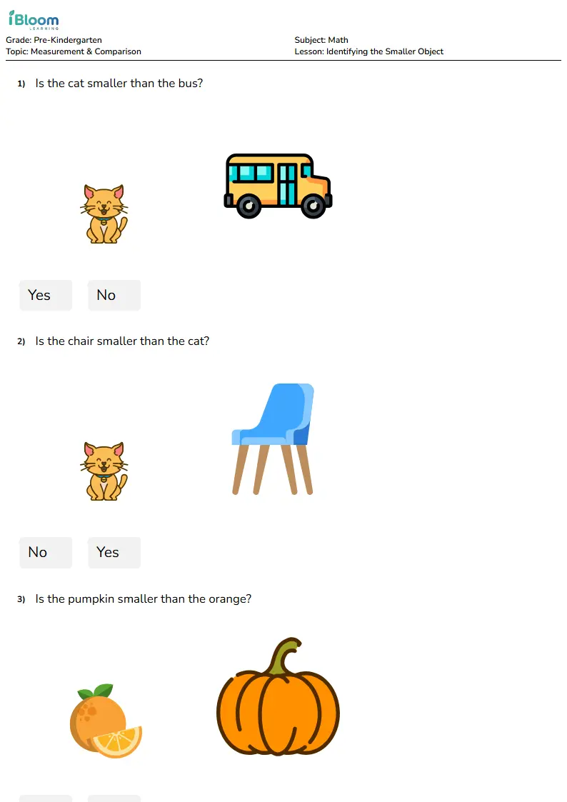 Free Identifying the Smaller Object Worksheets for Pre Kindergarten