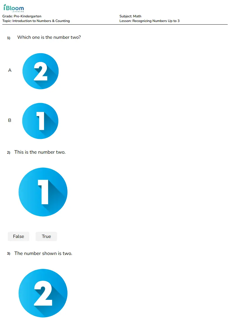 Free Recognizing Numbers Up to 3 Worksheets for Pre Kindergarten
