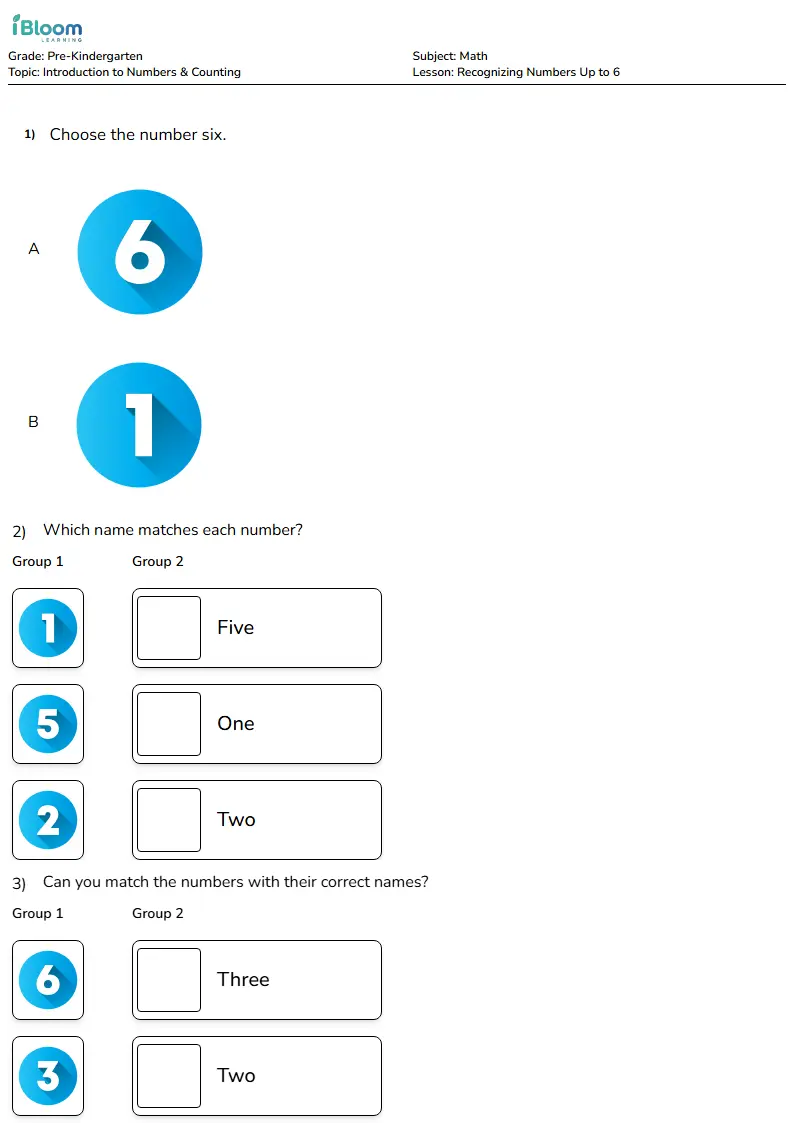 Free Recognizing Numbers Up to 6 Worksheets for Pre Kindergarten