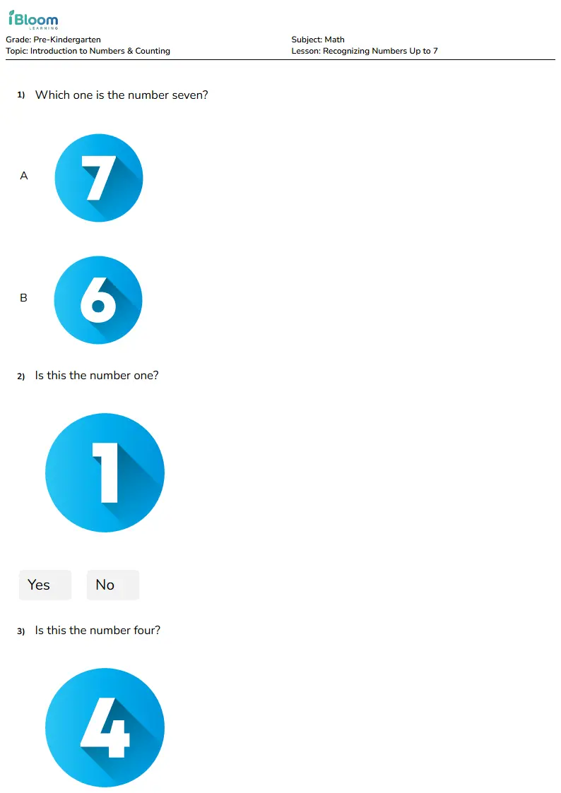 Free Recognizing Numbers Up to 7 Worksheets for Pre Kindergarten