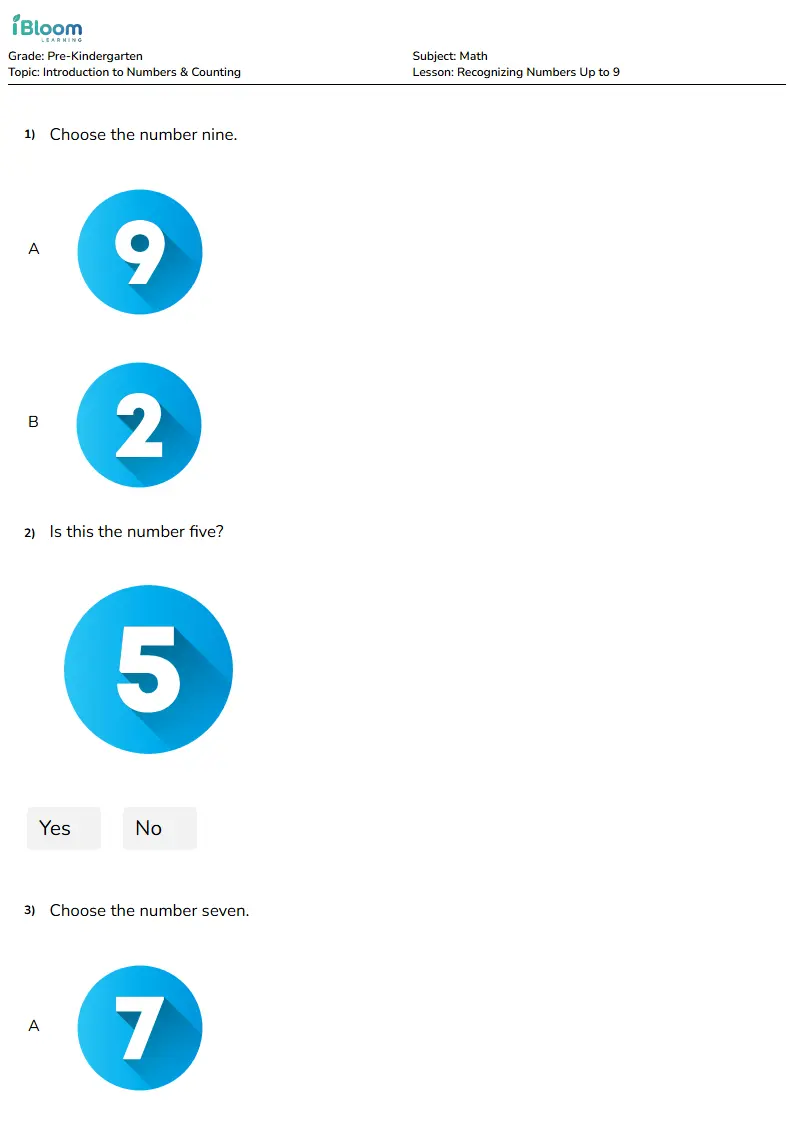 Free Recognizing Numbers Up to 9 Worksheets for Pre Kindergarten
