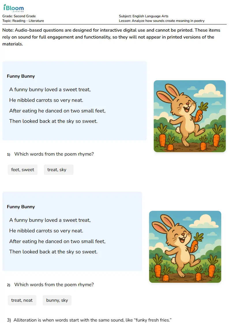 Free Analyze how sounds create meaning in poetry Worksheets for Second Grade