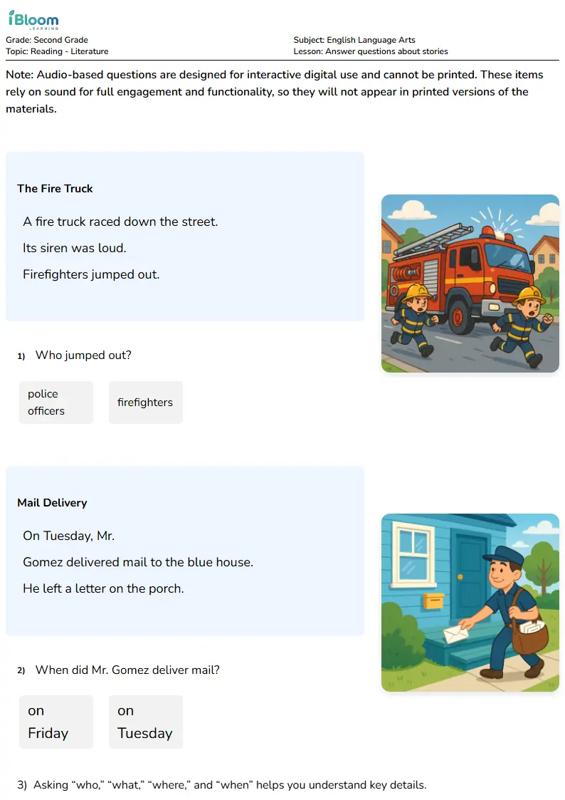 Free Answer questions about stories Worksheets for Second Grade