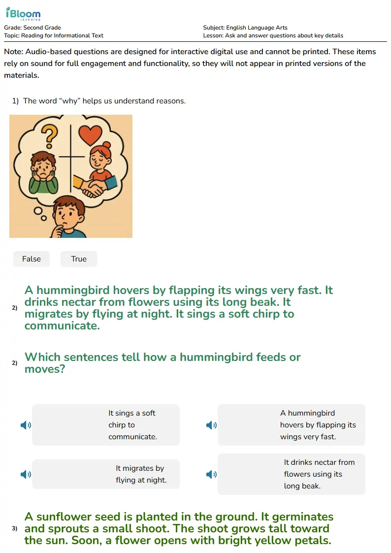 Free Ask and answer questions about key details Worksheets for Second Grade