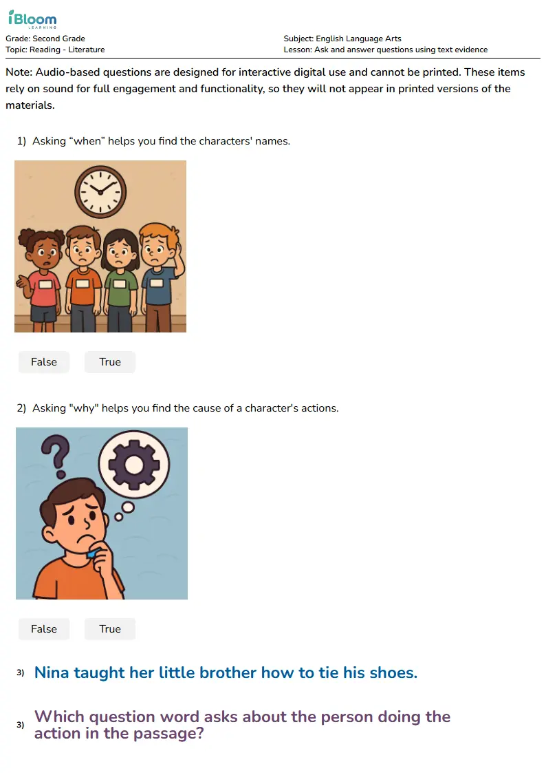 Free Ask and answer questions using text evidence Worksheets for Second Grade