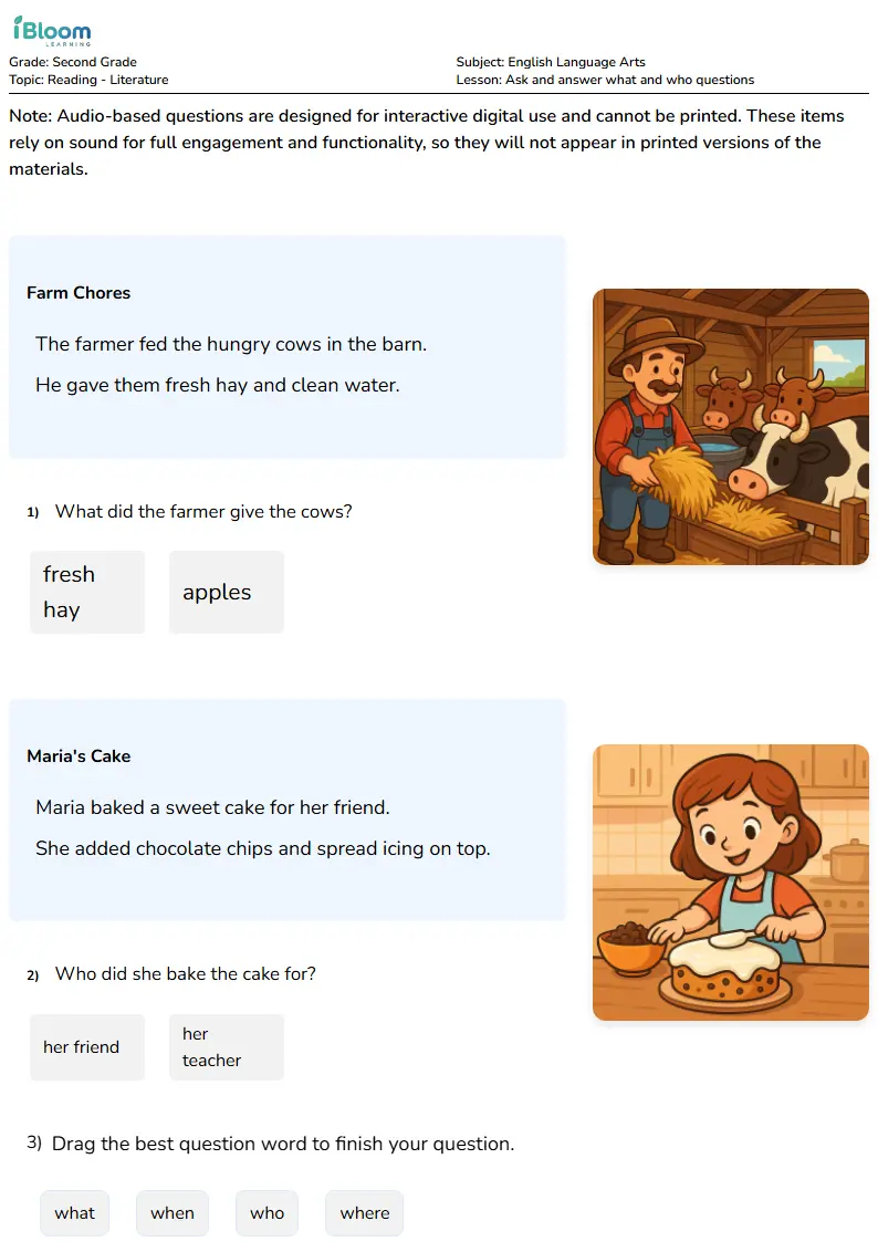 Free Ask and answer what and who questions Worksheets for Second Grade