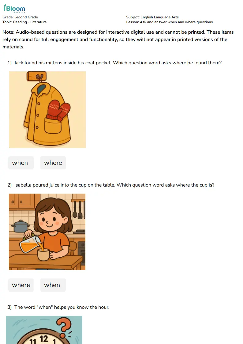 Free Ask and answer when and where questions Worksheets for Second Grade