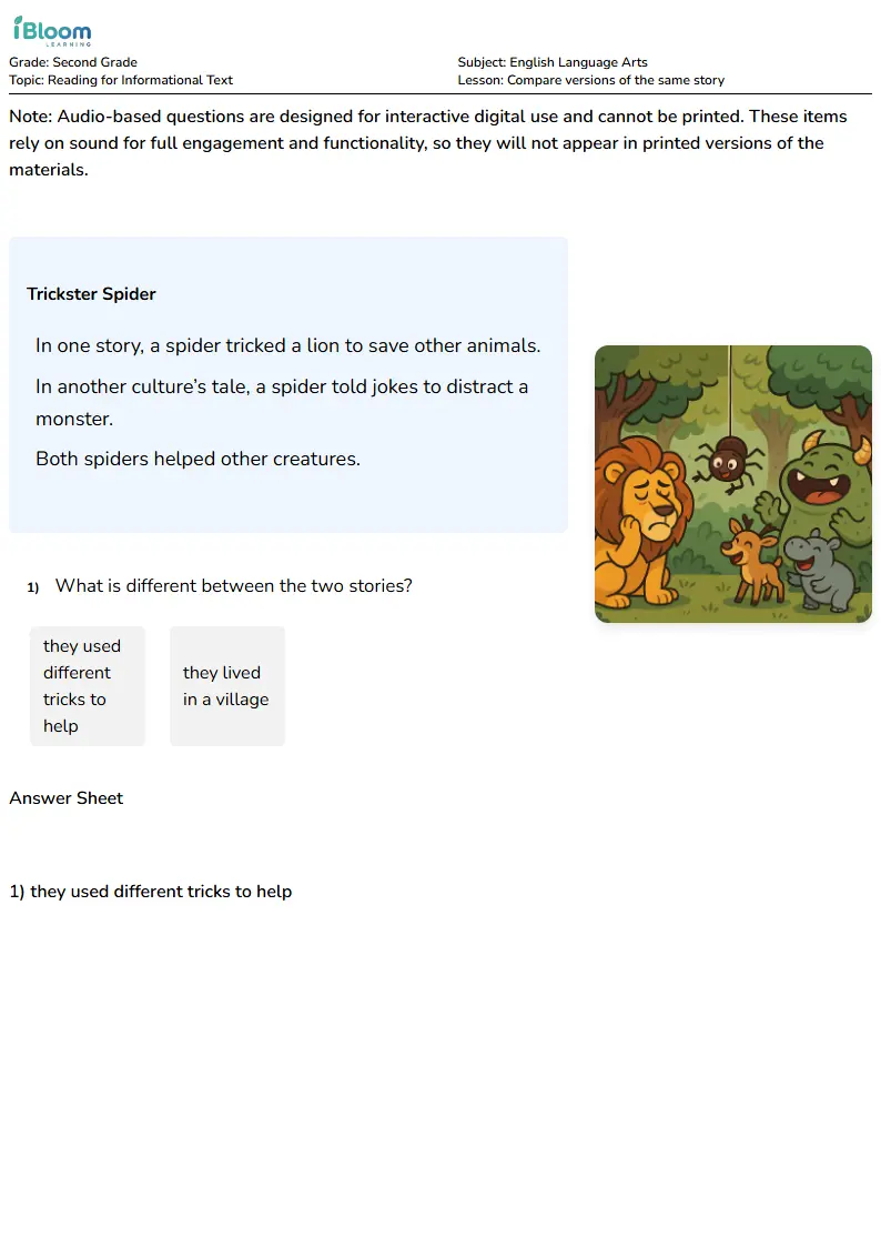 Free Compare versions of the same story Worksheets for Second Grade