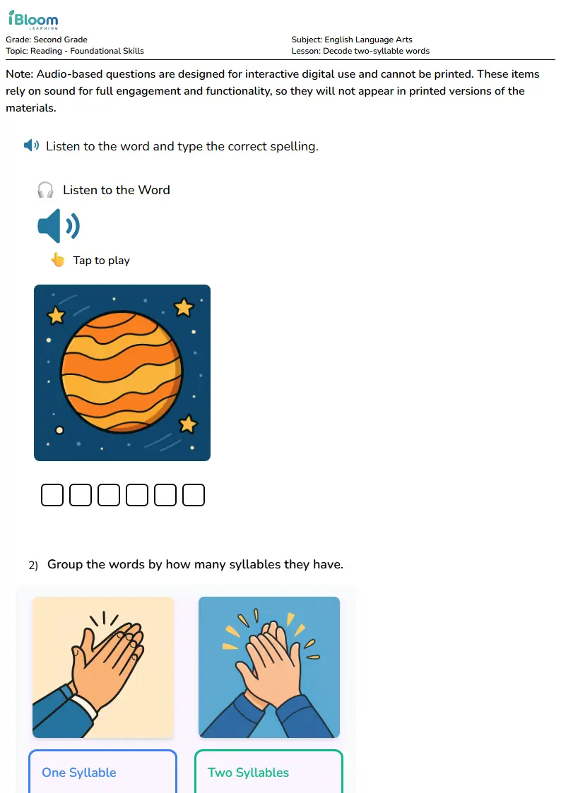 Free Decode two-syllable words Worksheets for Second Grade